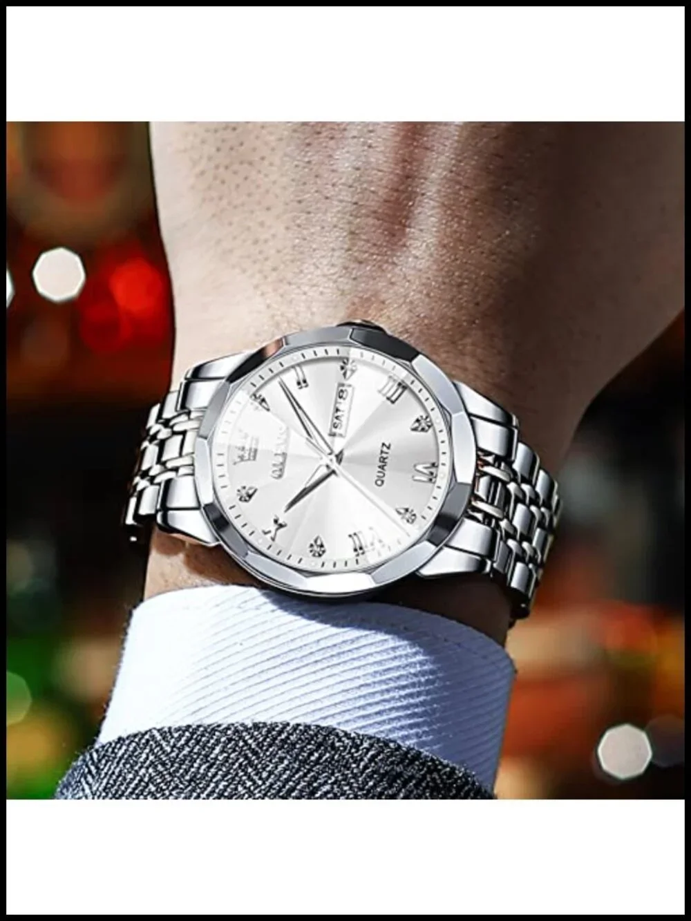 Men's Diamond Roman Numeral Dress Watch Stainless Steel Waterproof Luminous